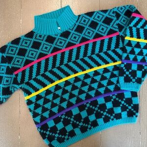 Vintage Kids Knitwaves 80s/90s Colorful Geometric Ski Sweater • Youth Unisex M/L